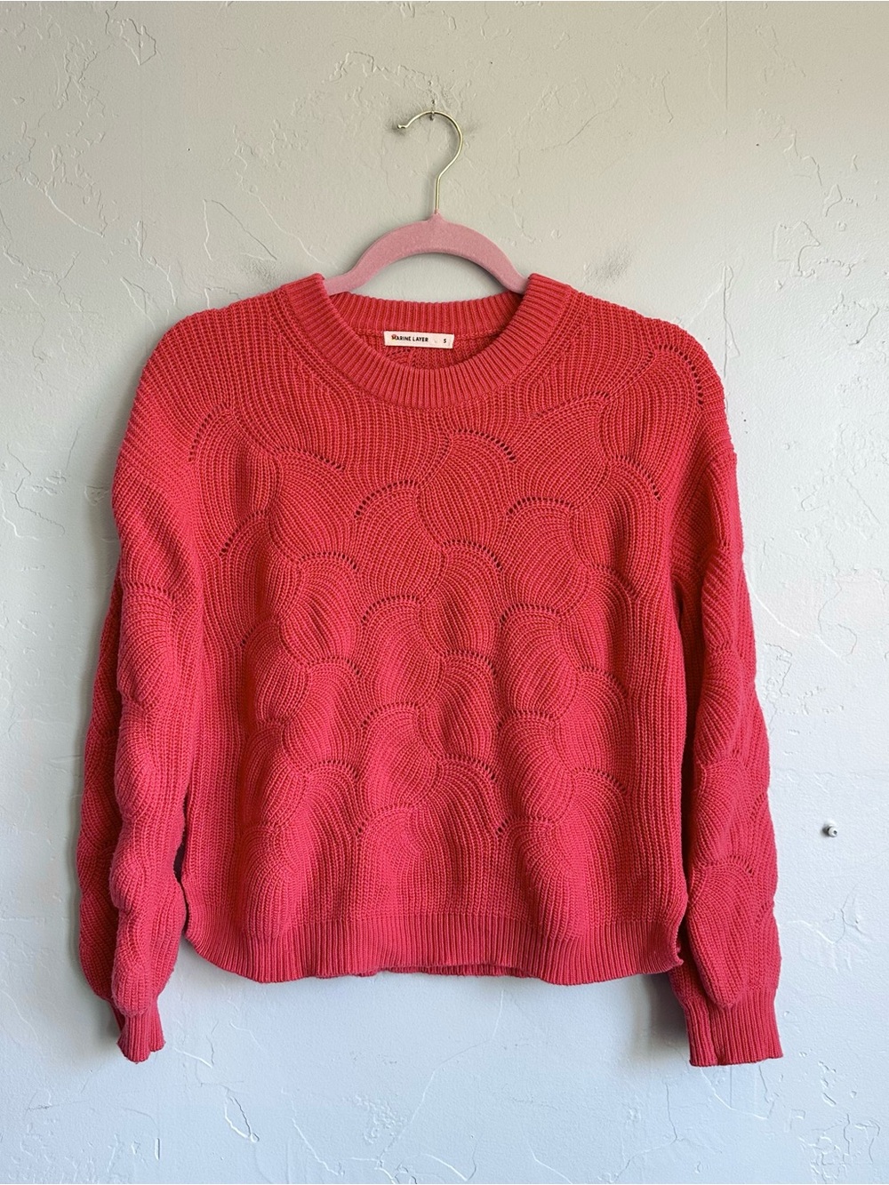 Marine Layer Women Coral Seashell Knit Cashmere Blend Crop Coastal Sweater Small